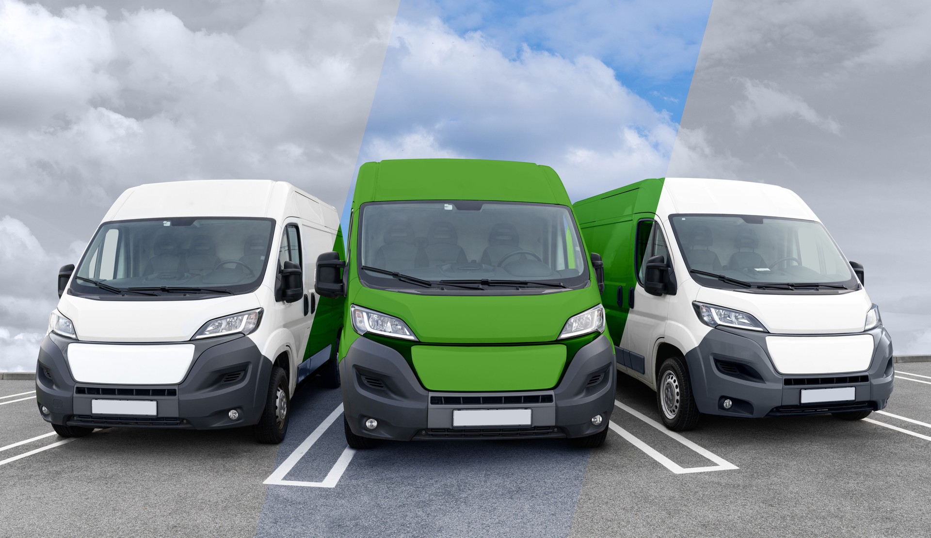 Delivery vans in a row. The band makes them green. Clean transportation concept